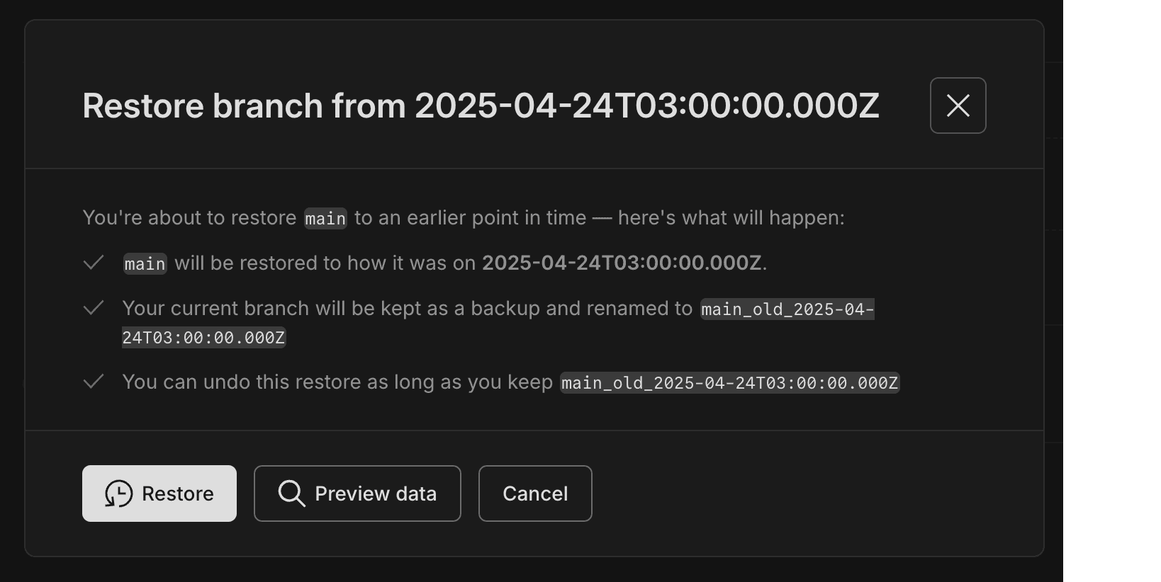 Backup and restore preview data